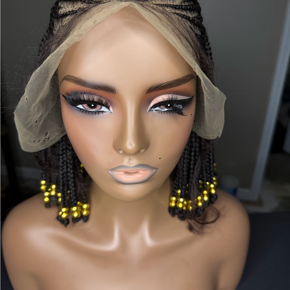 Beaded Braided Lace Front Wig - Dark Brown with Yellow Beads